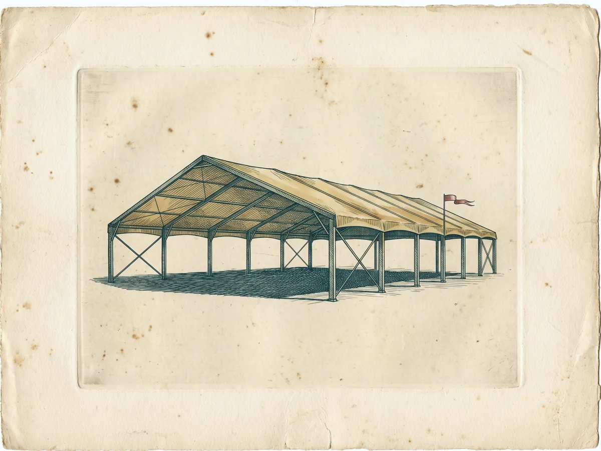 Drawn plate of a clearspan structure — portal frame, fabric roof, hospitality