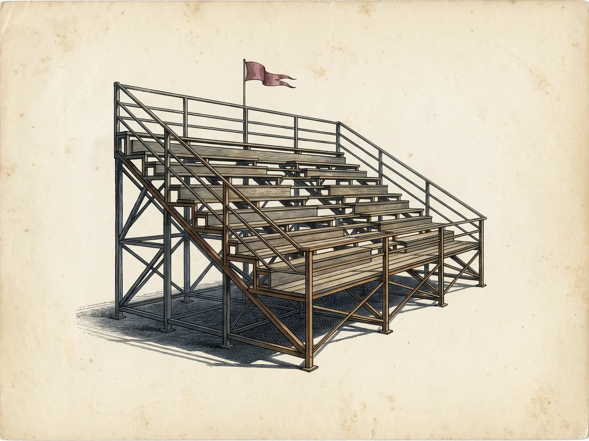 Drawn plate of a demountable grandstand — tiered seating, scaffold substructure, temporary
