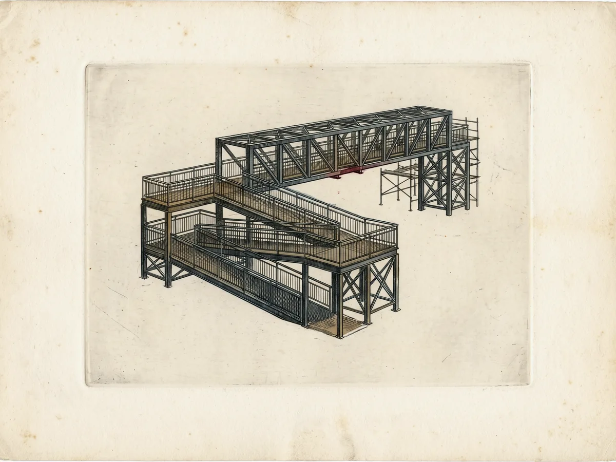 Drawn plate of a pedestrian span — trussed span, ramp runs, crowd route