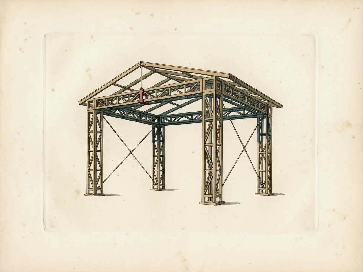 Drawn plate of a stage roof — box truss, lattice towers, ground support